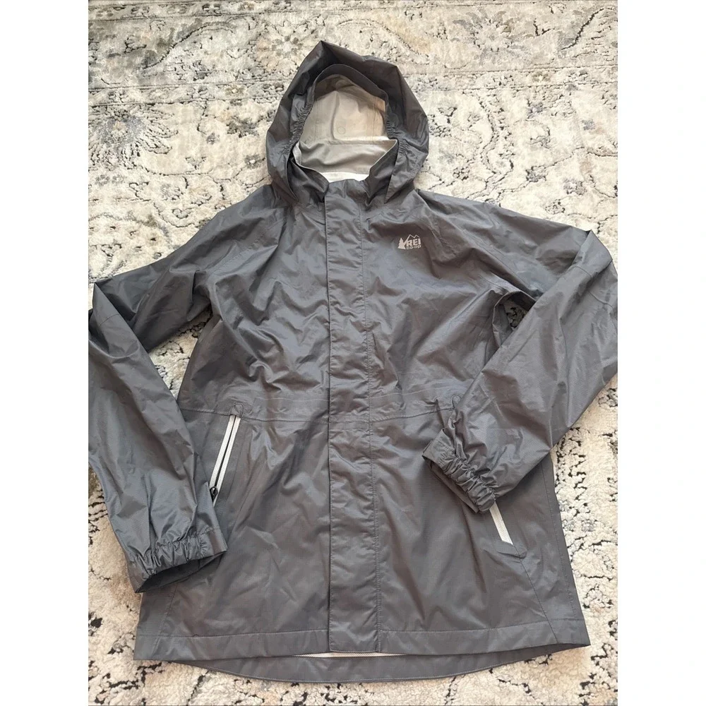 REI Co-op Rain Jacket Youth XXL 18 Gray Hooded Waterproof Hiking Kids